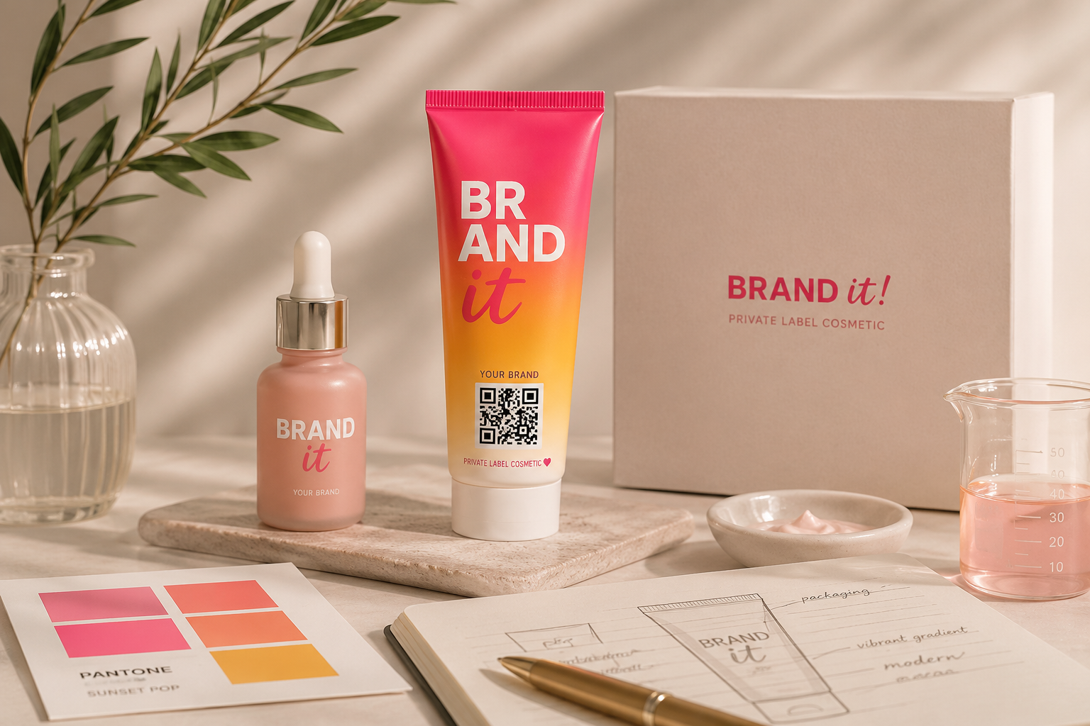 Individuell entwickelte Private-Label-Kosmetiklinie mit hochwertigen Pflegeprodukten und Verpackungen von PLCC – Private Label Cosmetic.