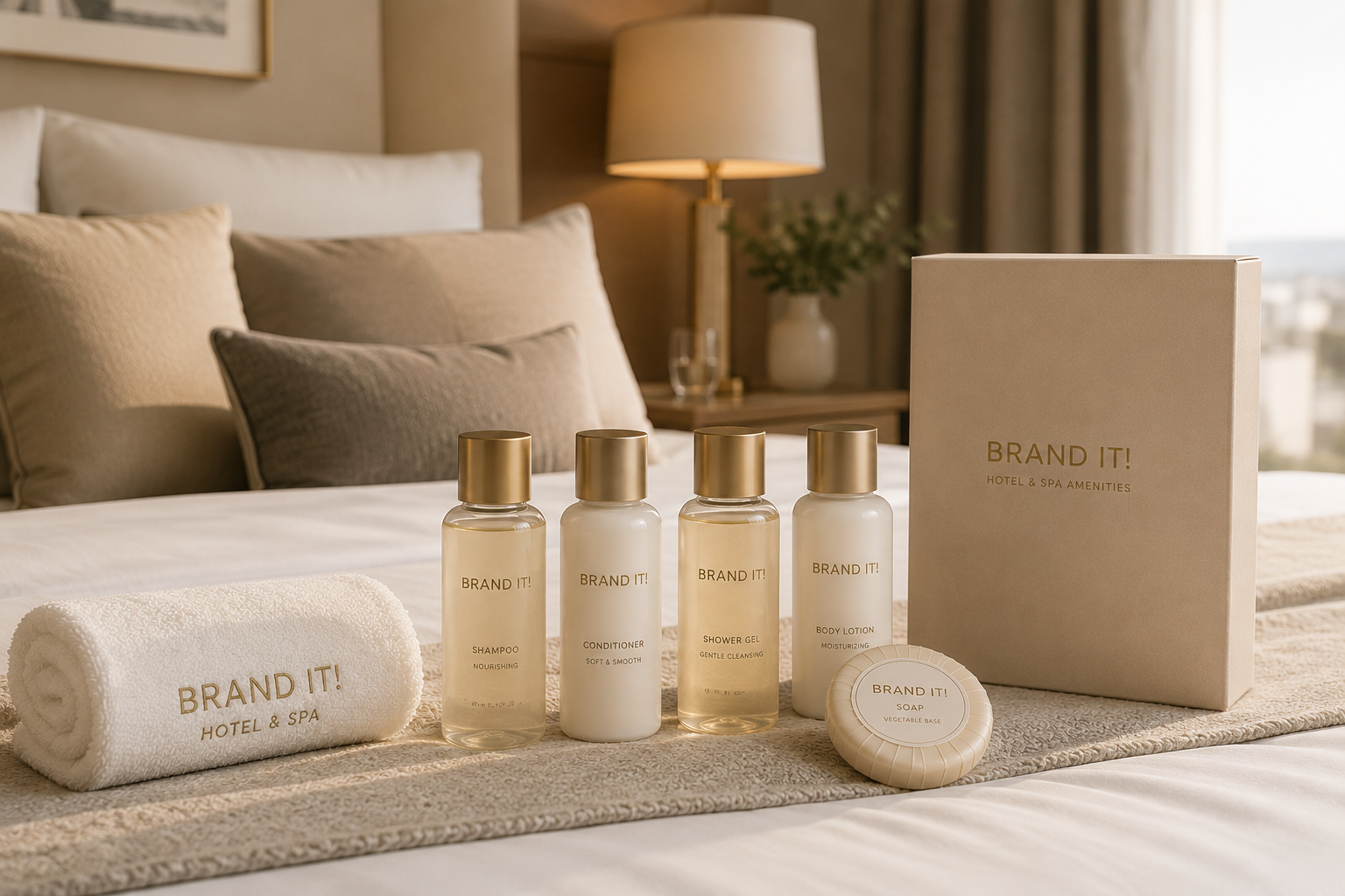 Exklusive Hotel- und Spa-Amenities mit Shampoo, Conditioner, Duschgel, Bodylotion und Seife auf einem Hotelbett arrangiert.